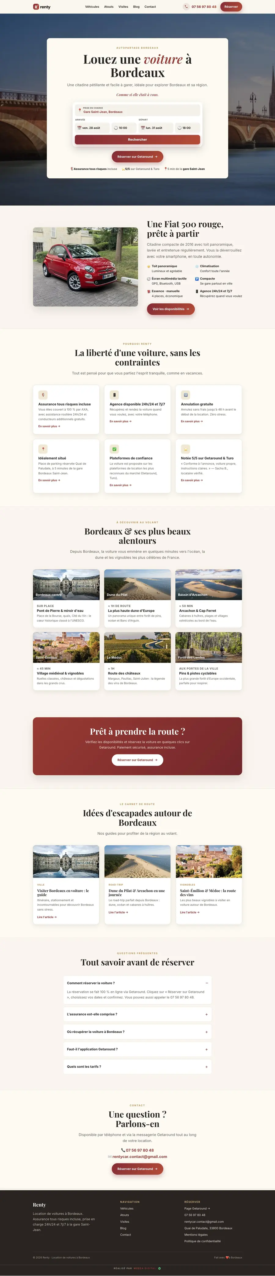Page d’accueil du site Renty, location de voitures à Bordeaux